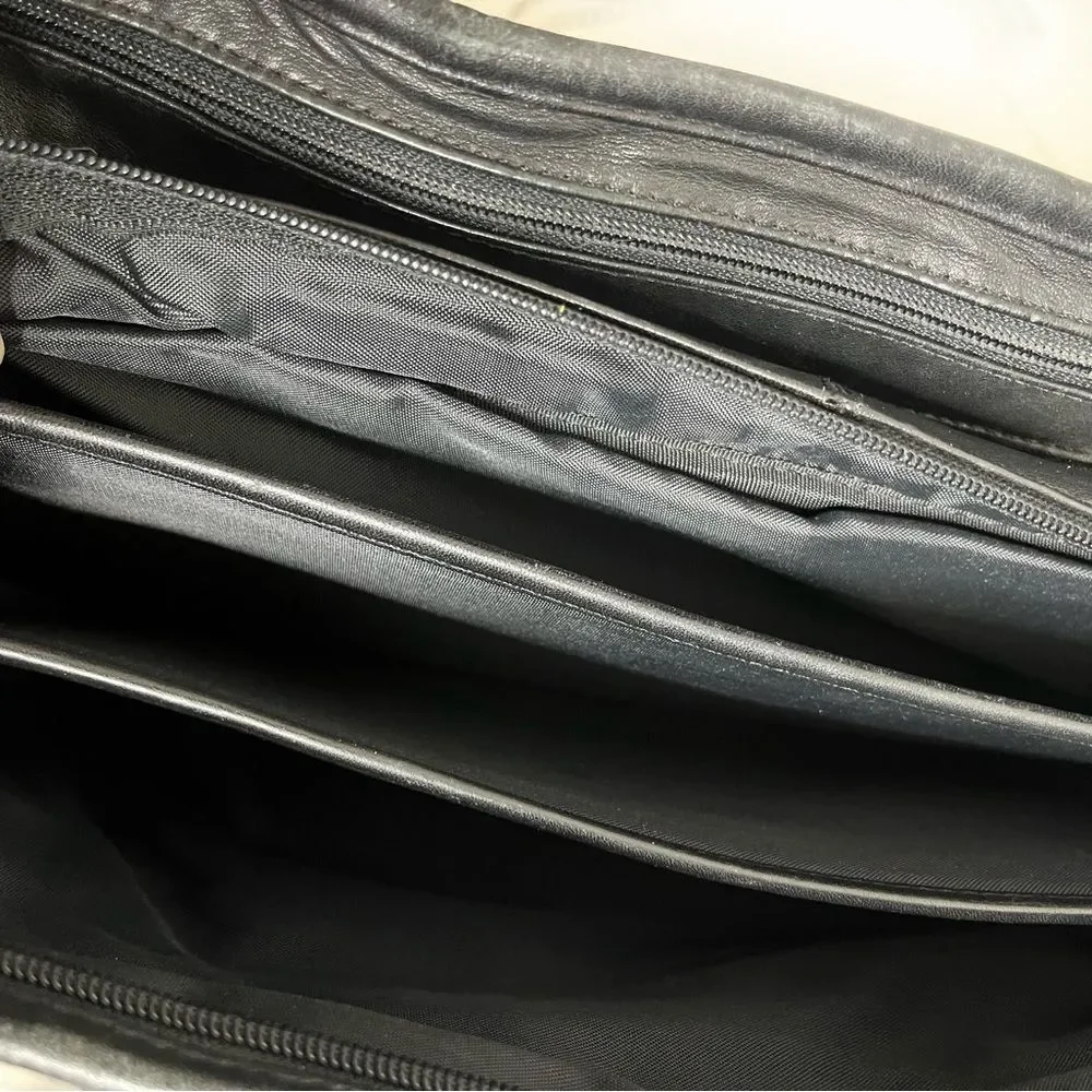 TUMI Black Leather Bag Laptop Multi Pockets Zippers Top Handles Shoulder Strap